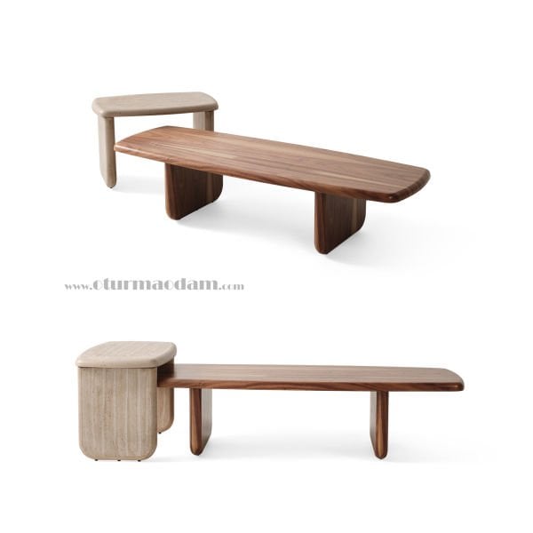 Traverten Ceviz Uzun Sehpa