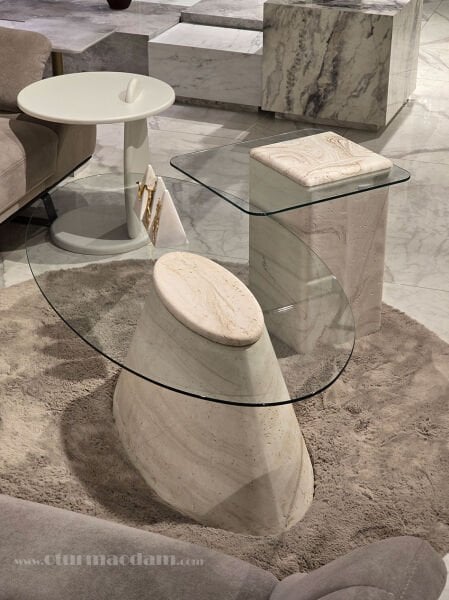 Traverten Oval Sehpa