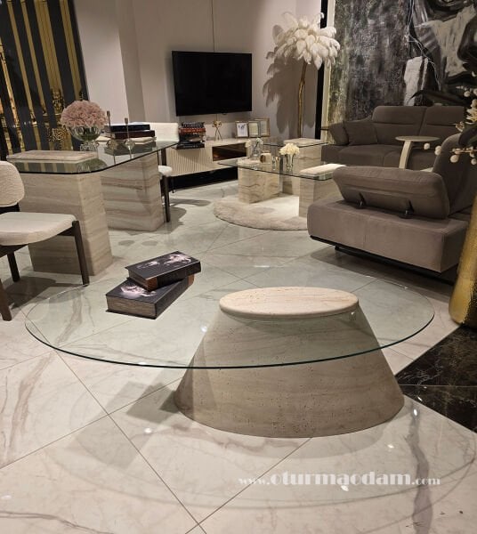 Traverten Oval Sehpa