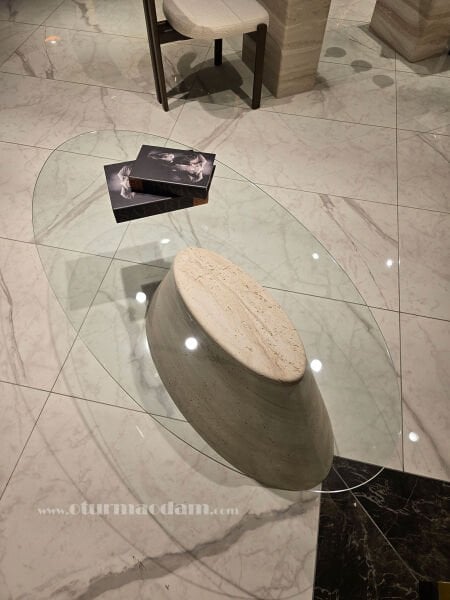 Traverten Oval Sehpa