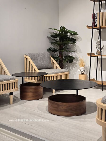 Ceviz Siyah Silindir Sehpa