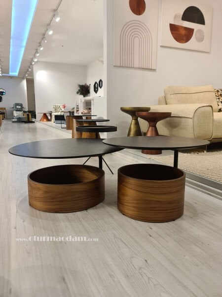 Ceviz Siyah Silindir Sehpa